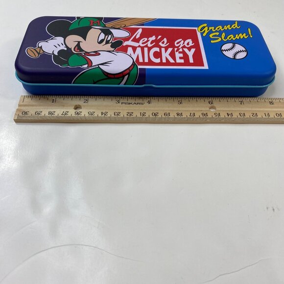 Disney Mickey Mouse Baseball Pencil Case  Let's Go Mickey Metal Tin Flip-Open - Picture 7 of 9